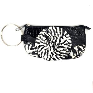 Chateau Black and White Flower In Zebra Print Wristlet With Metal Silver Ring